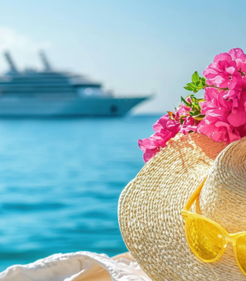 Cruise ship on the water with floral hat and sunglasses